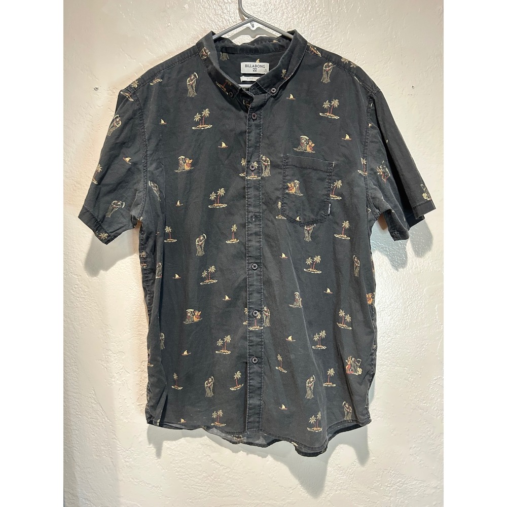 Billabong Mens XL Black Tropical Hula Dancer Palm Tree Short Sleeve Button Shirt